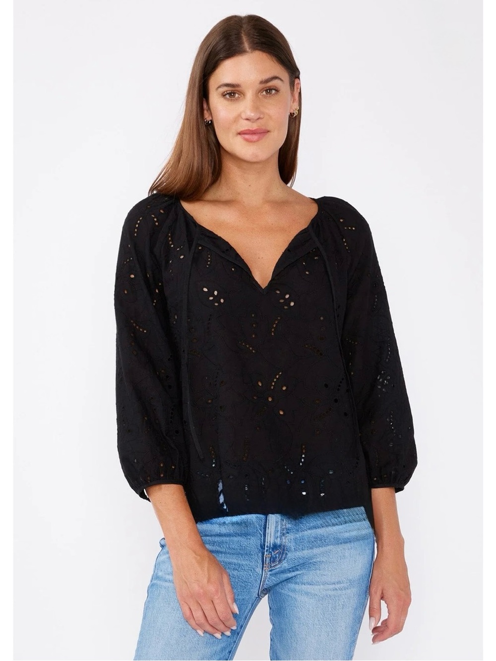 Black Eyelet Peasant Blouse - Women's Top